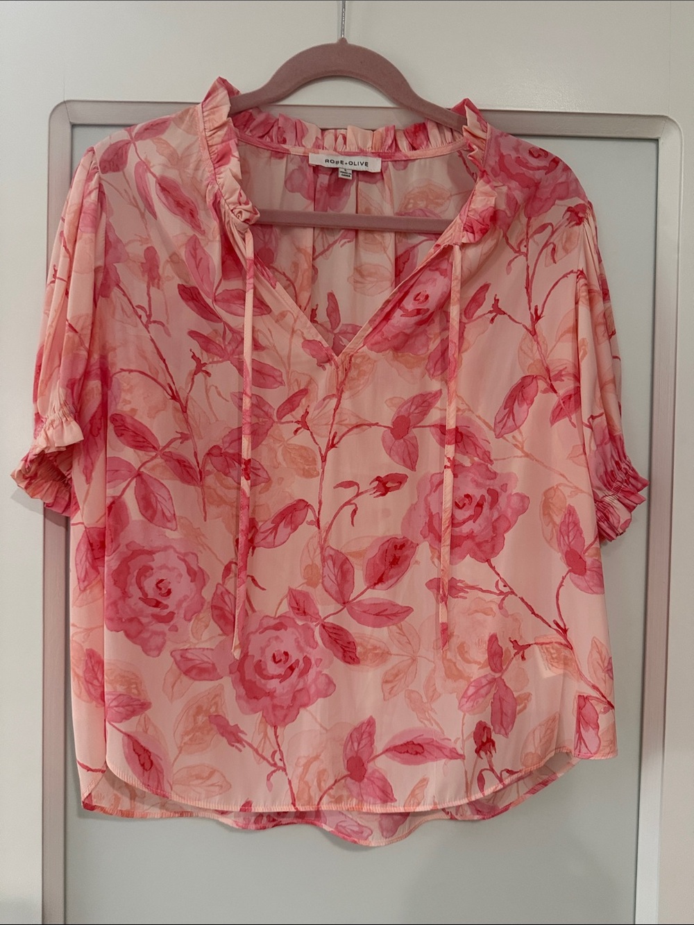 Rose & Olive Pink Floral Ruffle Tie-Neck Blouse